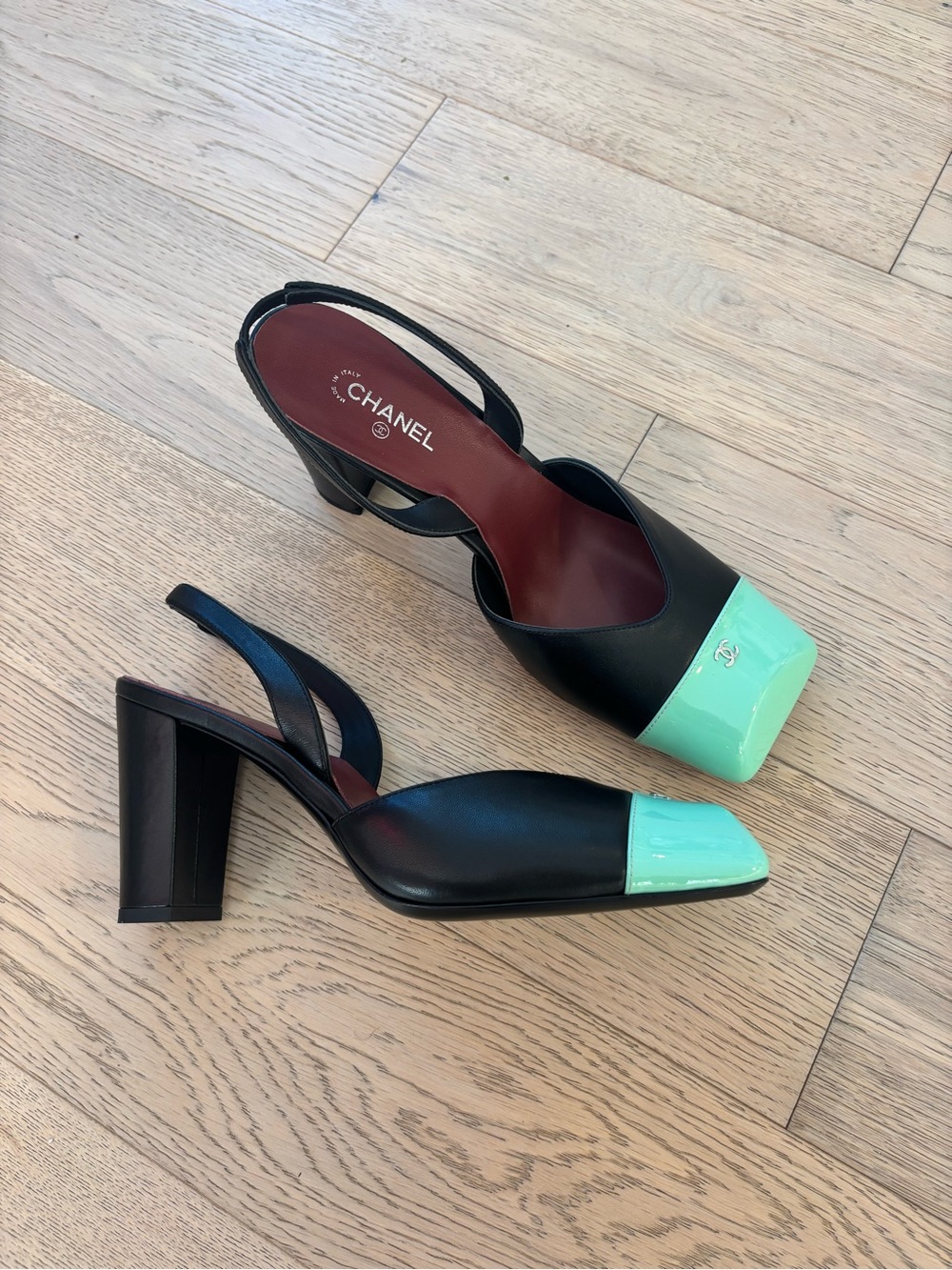 CHANEL Black Leather Slingback Heels with Mint Green Cap Toe Size 41